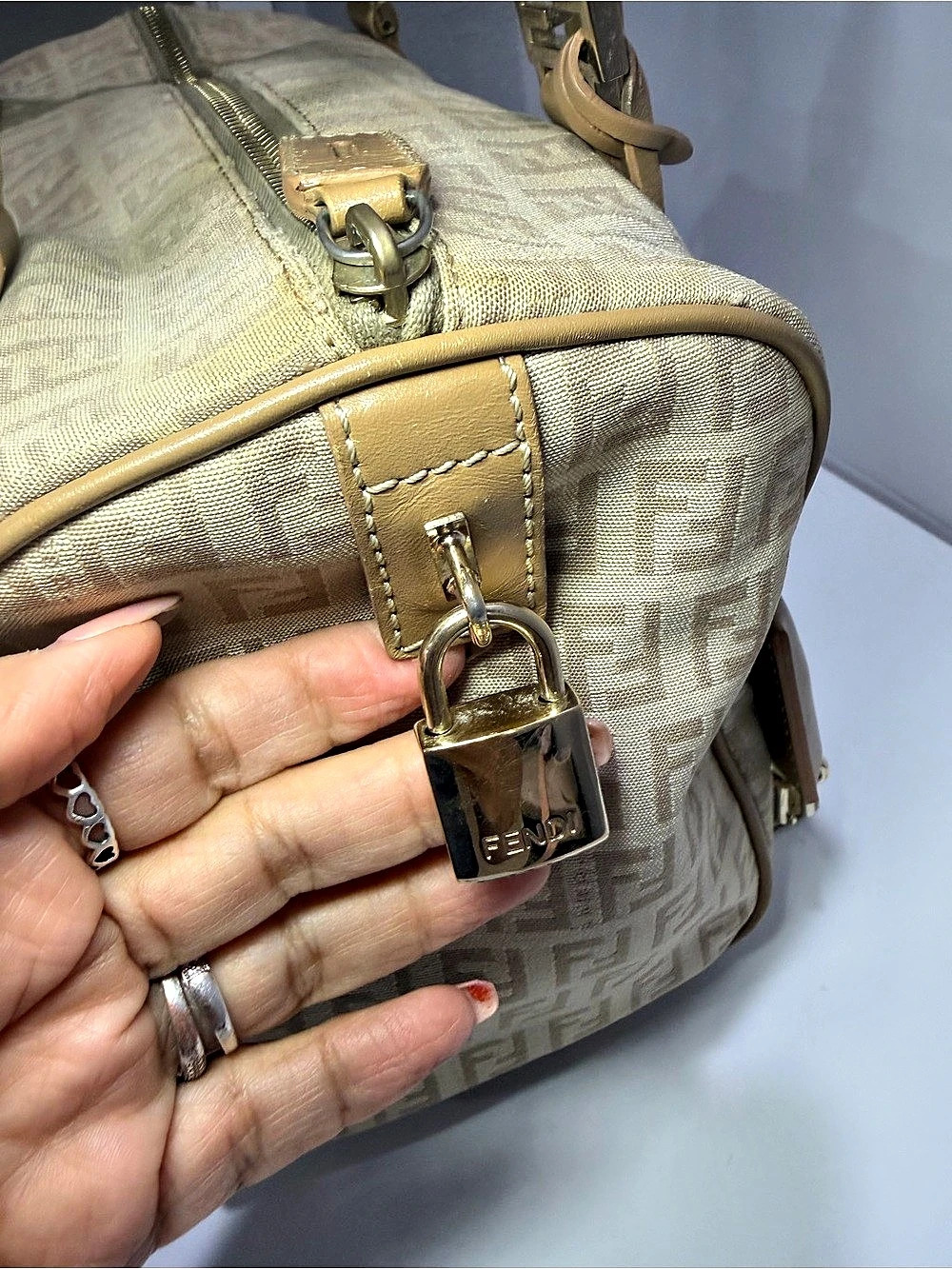 Vintage Fendi Zucchino FF Monogram Boston Bag Beige Tan Canvas Leather - Picture 6 of 12